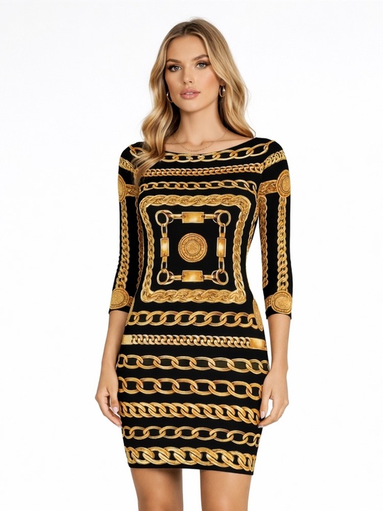 Goodtime Dresses & Skirts - GoodTime Elegant Black and Gold Chain Print Bodycon Dress Medium S